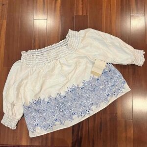 New NWT Calligraphie Linen White Blue Blouse‎ Top Smocked Ruche Boho Print Sz XL